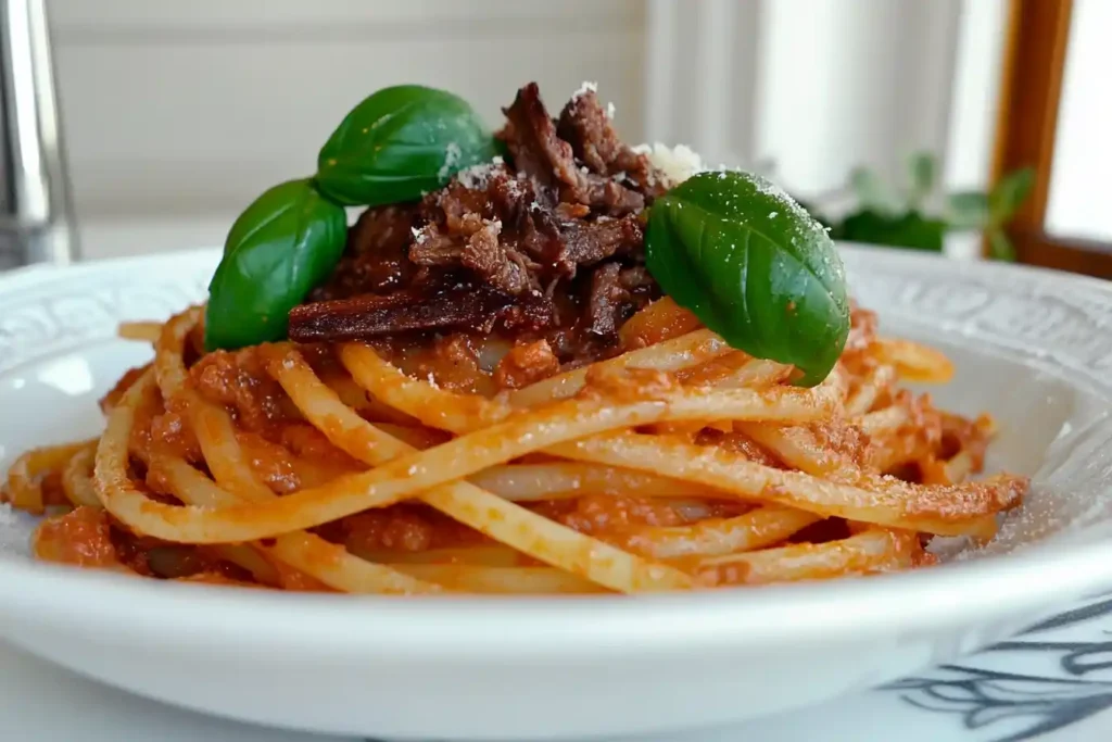 Pasta and beef close-up